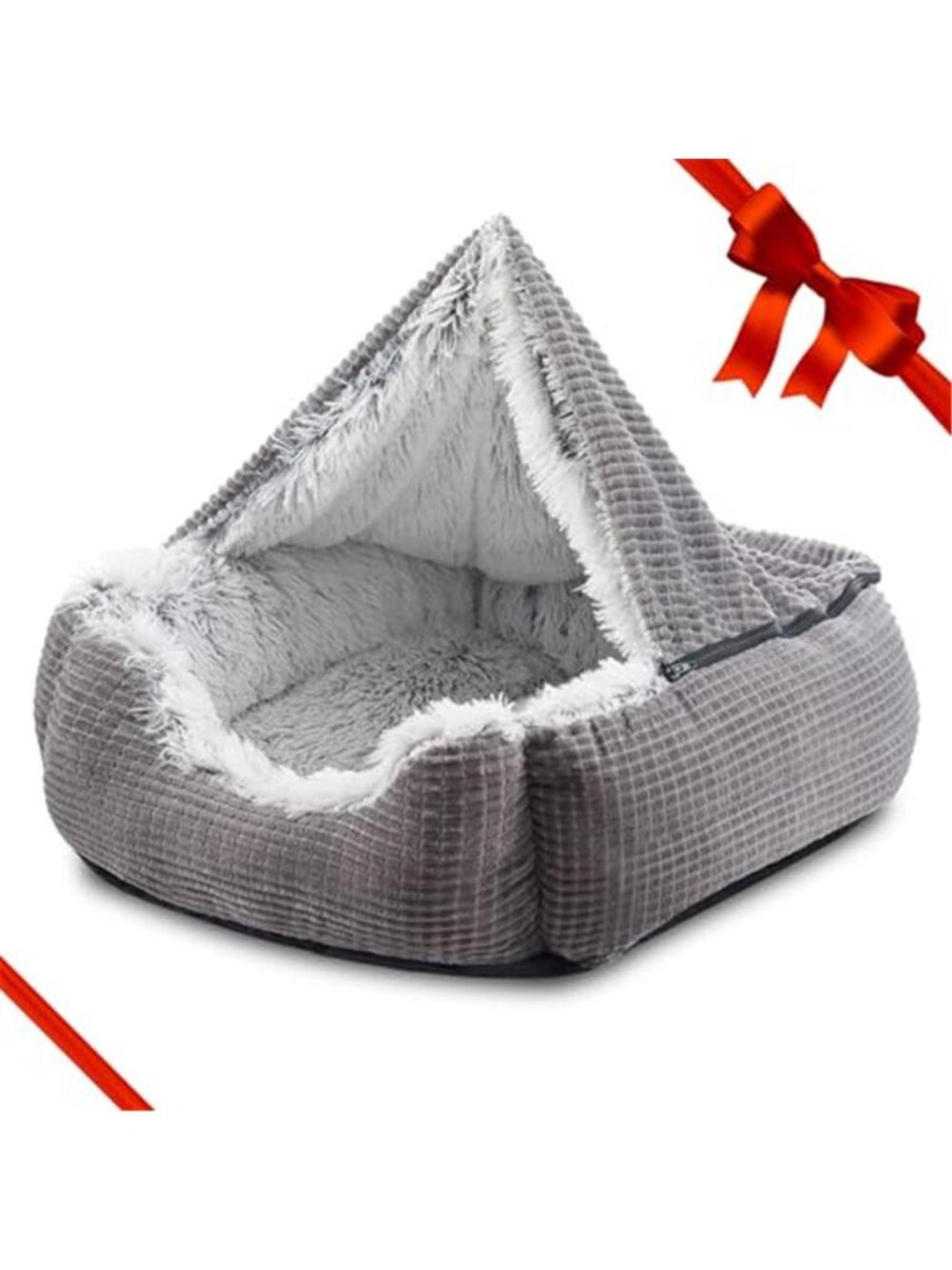Hooded Dog Bed 25 Inch Orthopedic Cave Pet Bed Washable Grey Blanket Medium